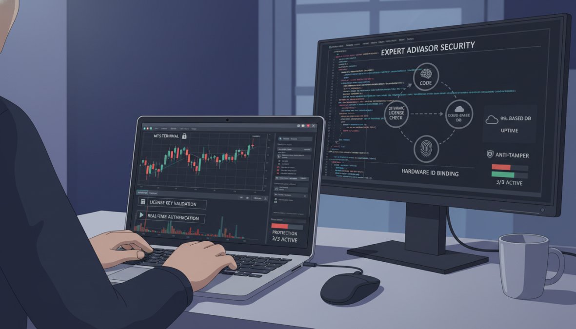 Close-up of a trader's hands typing on a laptop with MetaTrader 5 open on screen, a second monitor showing MQL5 code in a dark editor, in a focused home office setup with dim overhead lighting