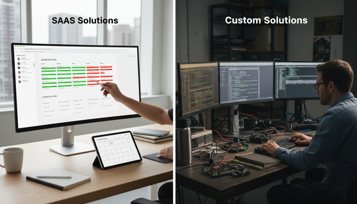 A developer reviewing a dashboard on a large monitor displaying license activation statuses and user management panels, with a notepad and coffee cup on the desk in a modern office with warm ambient lighting