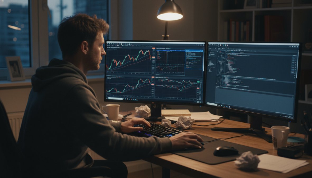 A focused trader at a dual-monitor desktop setup with MetaTrader 5 charts and algorithmic code visible on screen, in a dimly lit home office environment