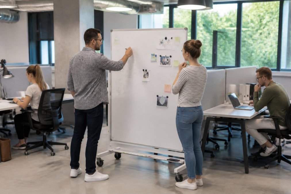 Professional workspace showing mobile magnetic whiteboard on wheels positioned between collaborative workstations with team members using the surface for project planning
