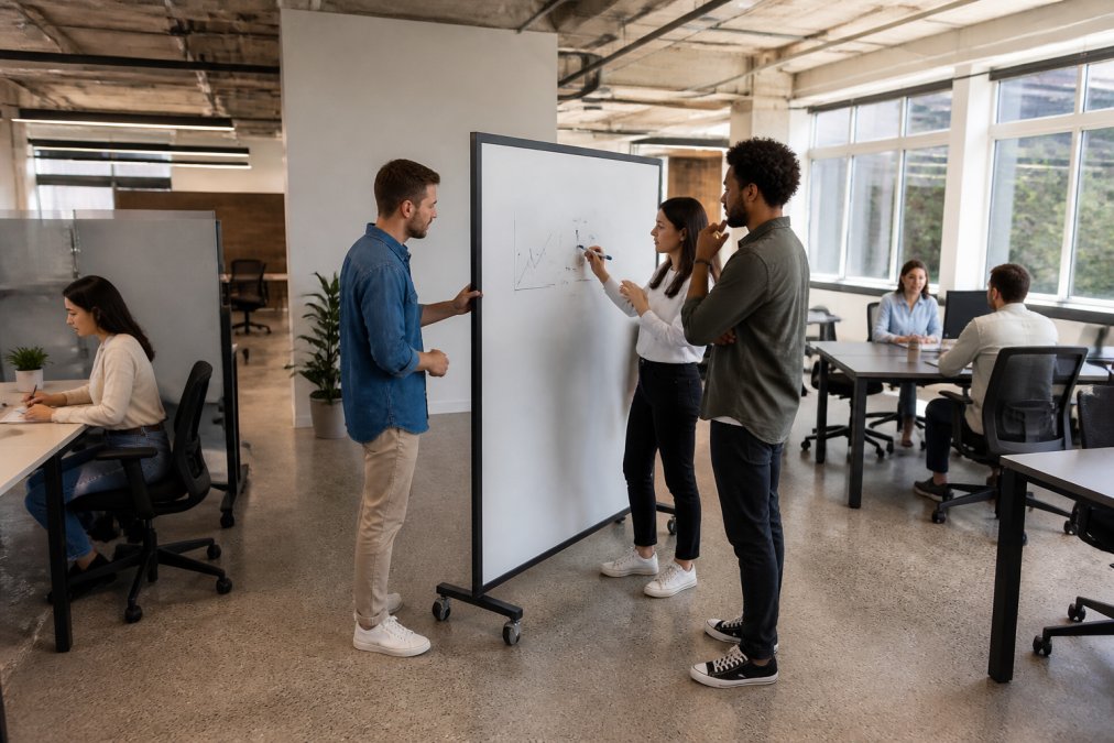 Team of office workers repositioning a mobile magnetic whiteboard partition in an open-plan workspace, with colleagues collaborating on the writing surface while others work at nearby desks