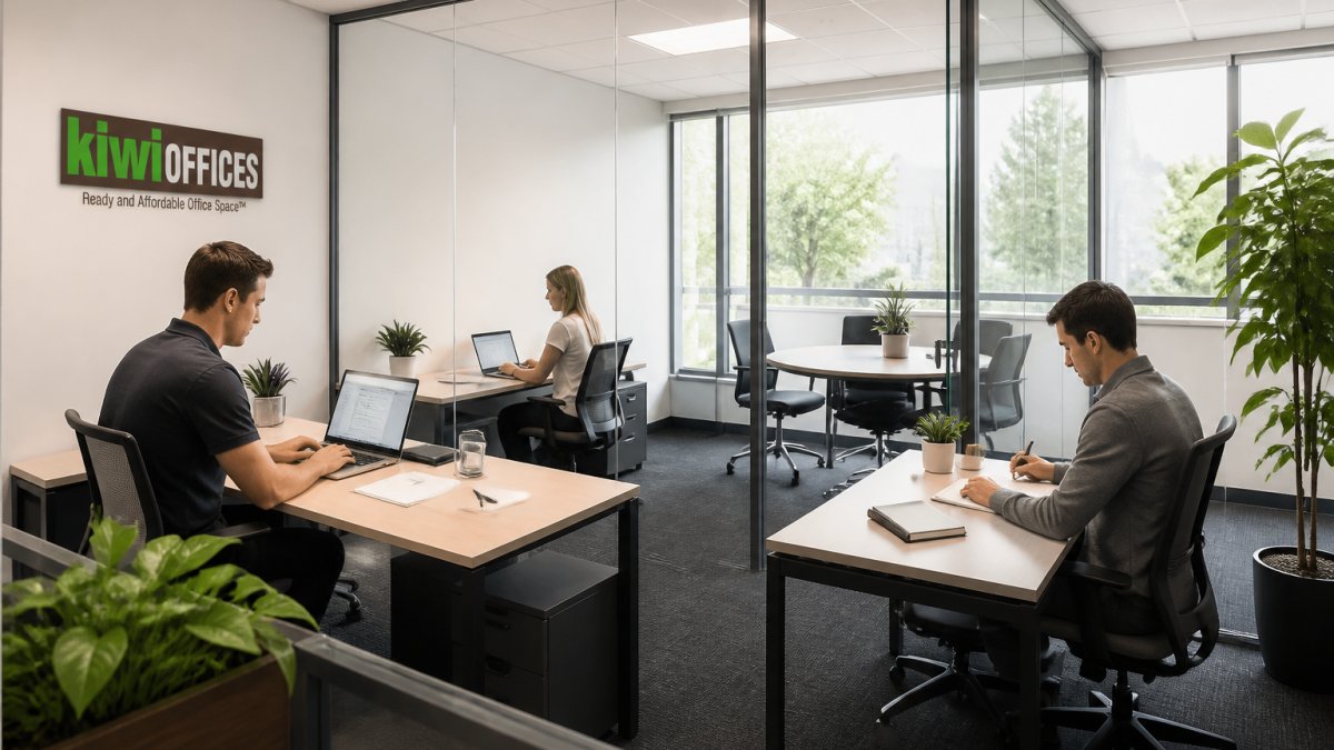Infographic comparing coworking and private office space features under a flexible office lease agreement.