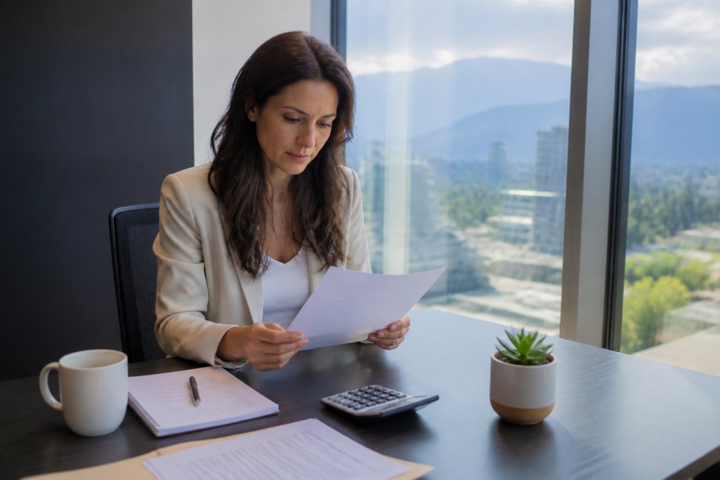 Small business owner reviewing a flexible office lease in a bright, modern private workspace with floor-to-ceiling windows