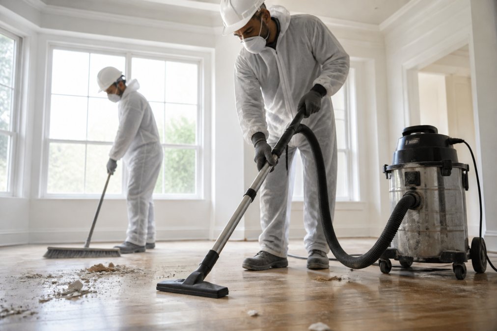 Professional cleaning crew in protective gear using HEPA vacuum equipment and industrial brooms to remove construction debris and dust from residential interior flooring