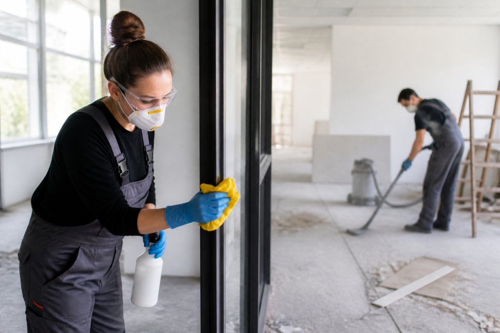 Cleaning professionals wearing protective gear including respirator masks, safety glasses, and nitrile gloves while handling construction waste and removing fine dust from interior surfaces