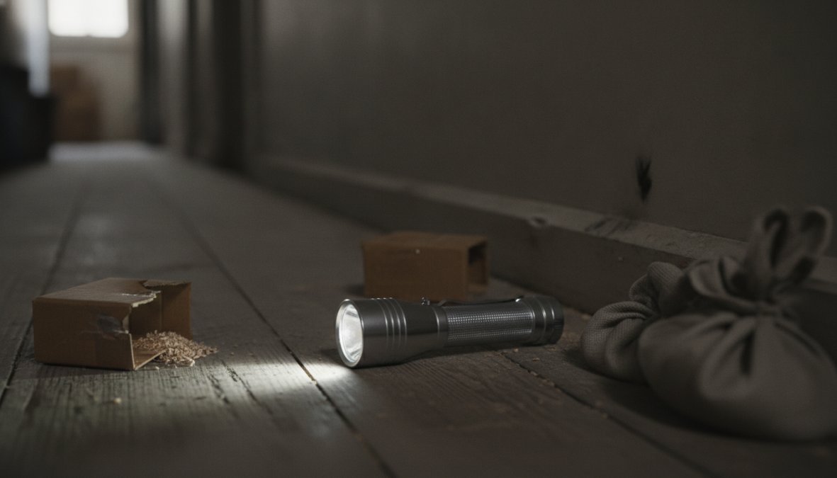 A licensed pest control technician in a branded uniform conducting a thorough inspection inside a small restaurant, crouching near baseboards with a flashlight while the business owner looks on, warm interior lighting