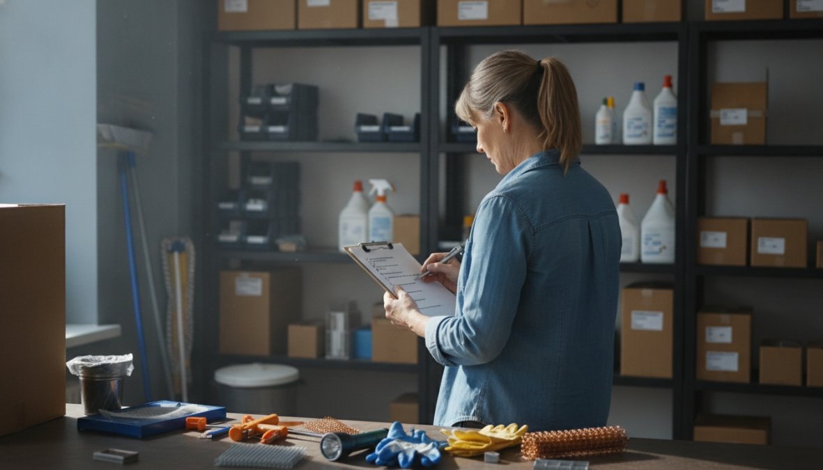 A small business owner in a clean, well-organized back-of-house storage room, reviewing a pest prevention checklist on a clipboard under bright fluorescent lighting, shelves of neatly stored supplies visible in the background