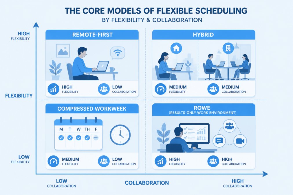 2x2 matrix comparing flexibility vs. collaboration: Remote-First (High flexibility, Low collaboration), Hybrid (Medium flexibility, Medium collaboration), Compressed Workweek (Medium flexibility, Low collaboration), ROWE (High flexibility, High collaboration)