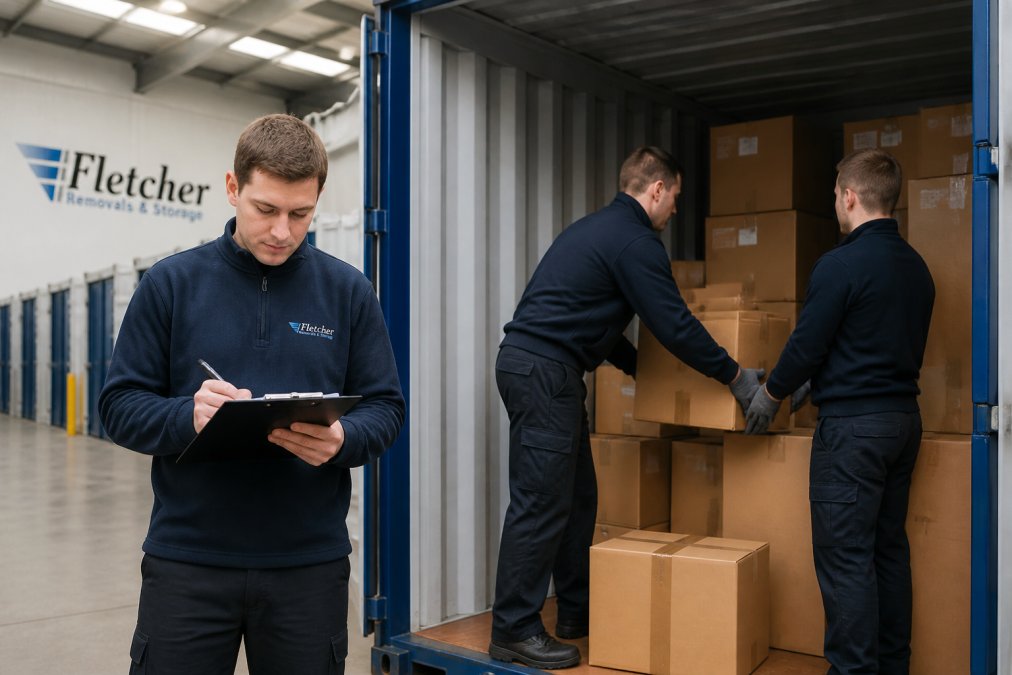 A uniformed removal team carefully loading labelled cardboard boxes into a clean, well-lit storage container, one worker checking a clipboard under bright warehouse lighting
