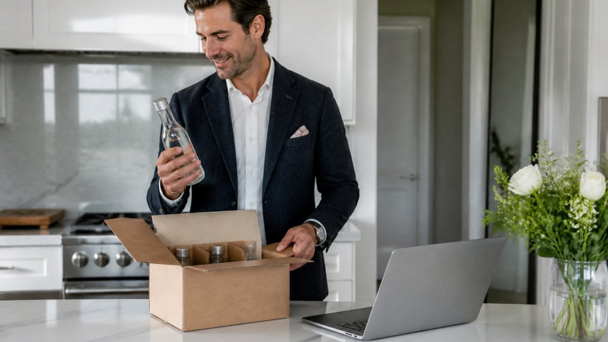 A well-dressed homeowner in a bright modern kitchen unpacking a glass-bottled mineral water delivery from a branded box, laptop open to a subscription management page on the counter beside a vase of fresh flowers