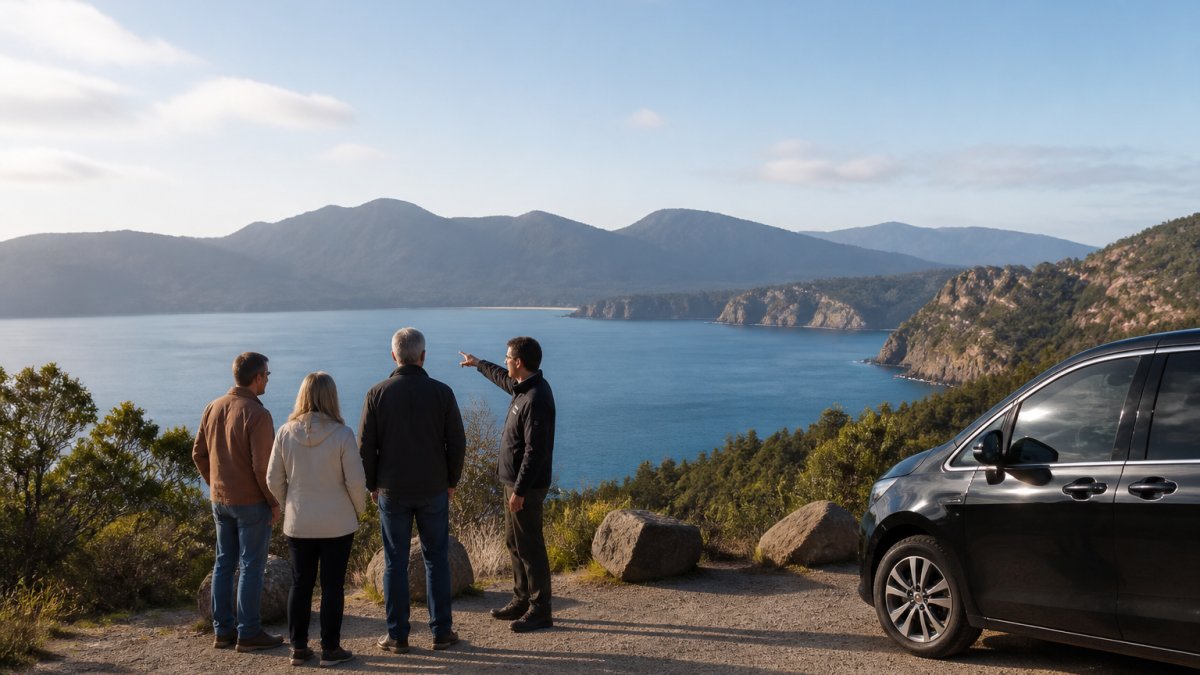 A small group of travellers standing at a coastal lookout in Tasmania with a guide pointing toward a bay, morning light, modern vehicle parked nearby