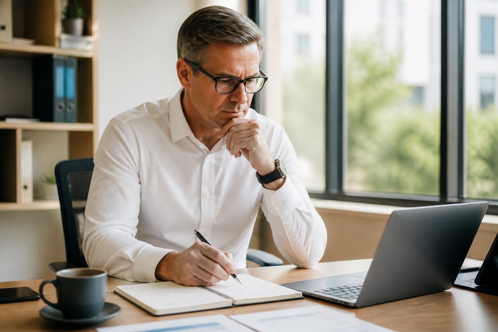 Professional manager at desk reviewing digital calendar on laptop, notebook and coffee cup visible, morning office light streaming through window, focused expression