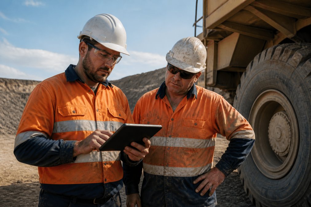 A mining operator in high-visibility workwear using a tablet to complete a training module beside heavy machinery, with a colleague looking on under bright outdoor light