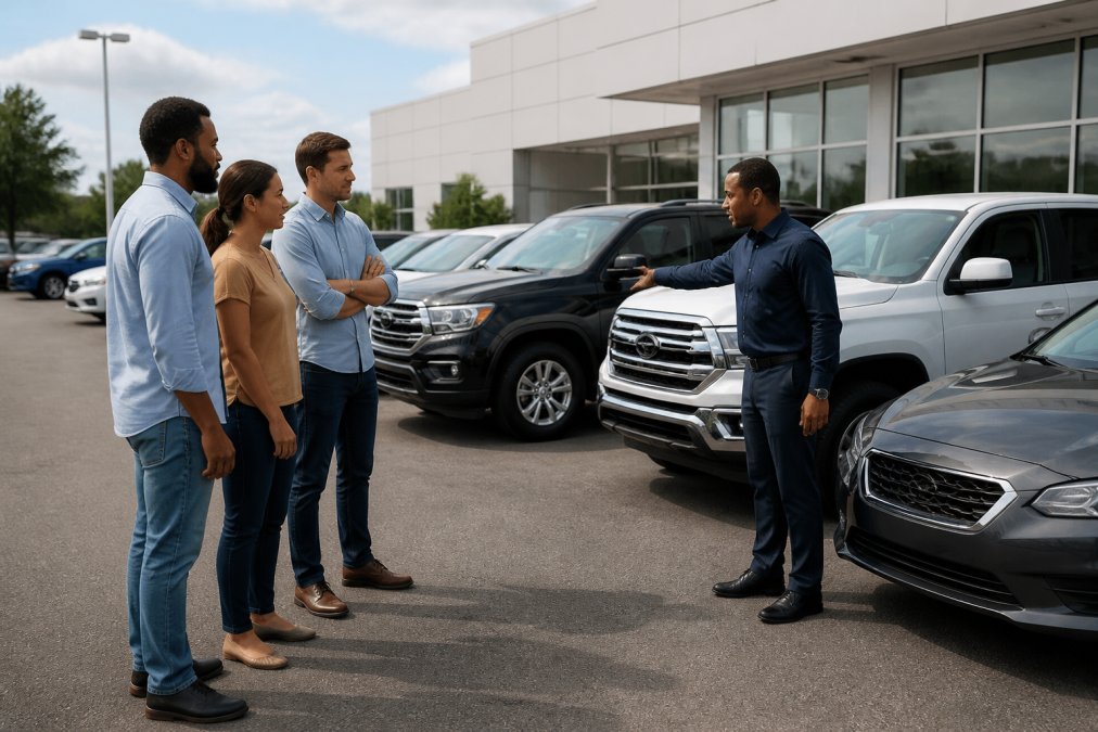 Salesperson showing a row of cars to customers seeking flexible vehicle options at a dealership lot