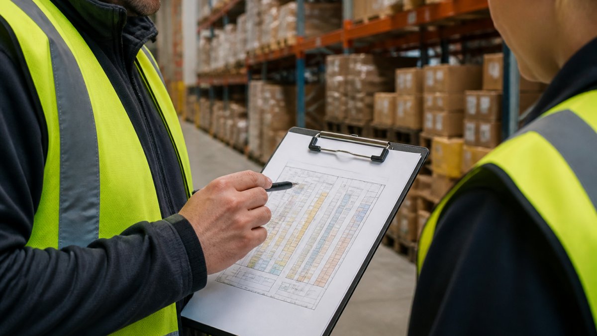Warehouse manager and supervisor reviewing a flexible warehousing plan on a clipboard amidst busy pallet racking