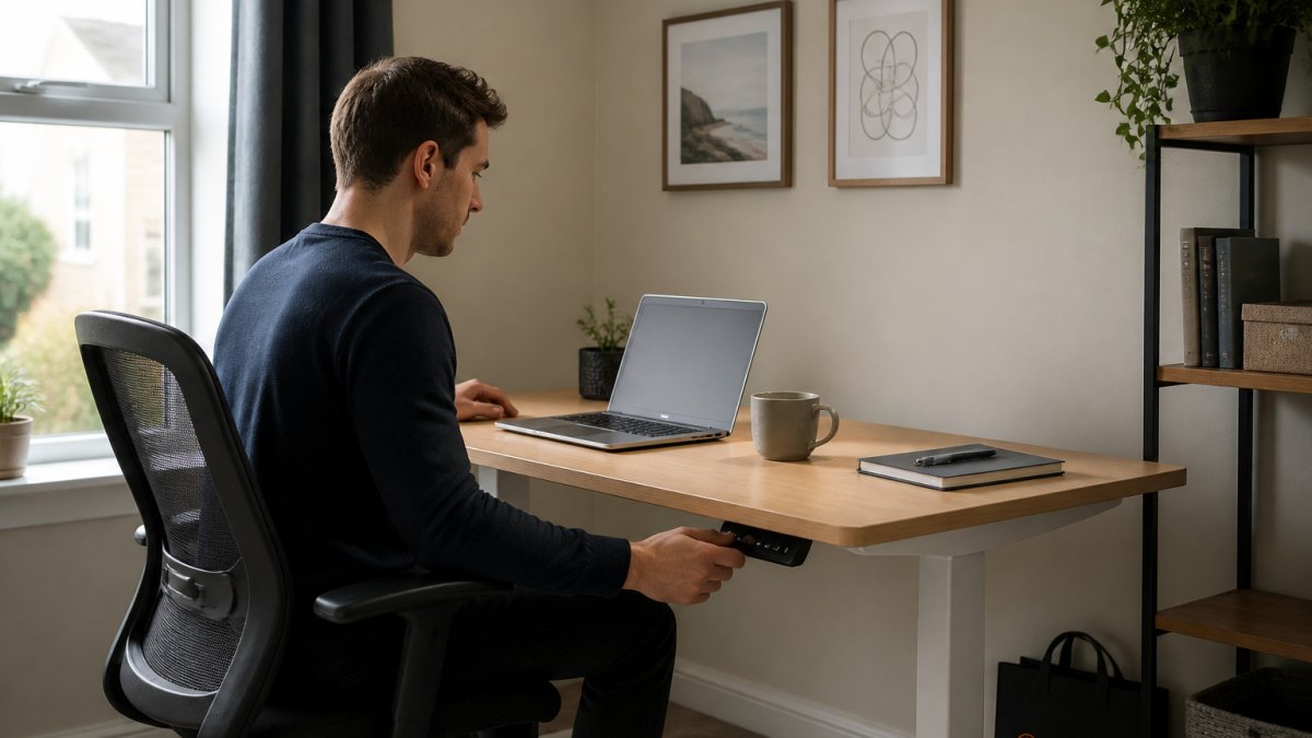 Remote worker adjusting a modern electric standing desk in a bright home office