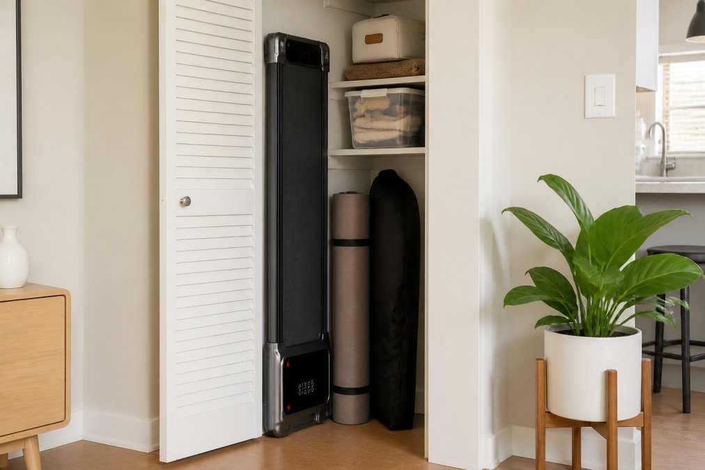 A foldable walking treadmill stored vertically in a narrow apartment closet, showing compact storage alongside other household items and seasonal storage