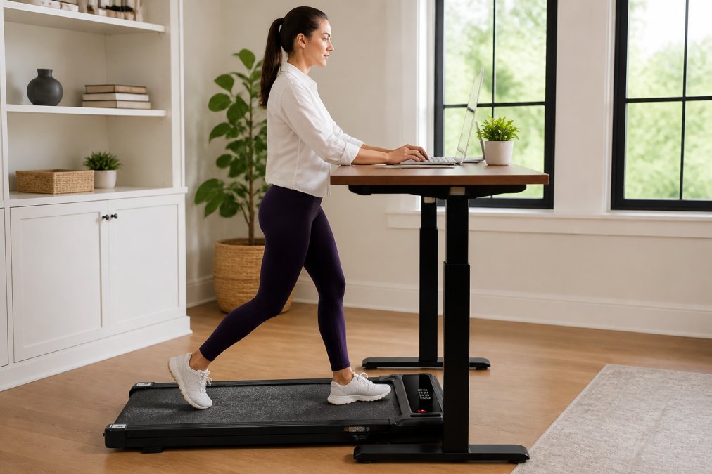 Professional in bright home office walking on a compact treadmill while typing at a properly adjusted standing desk, demonstrating correct posture and ergonomic positioning with natural window lighting