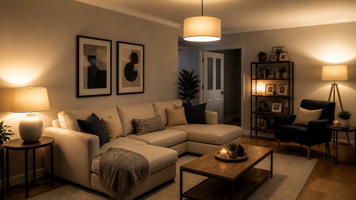 Warm, inviting modern living room with soft LED lighting from ceiling pendant and table lamps, showing the ambient glow and steady illumination creating a relaxed atmosphere