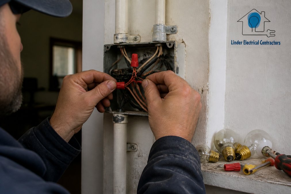 Electrician inspecting loose wiring in a junction box to fix flickering lights in old house.