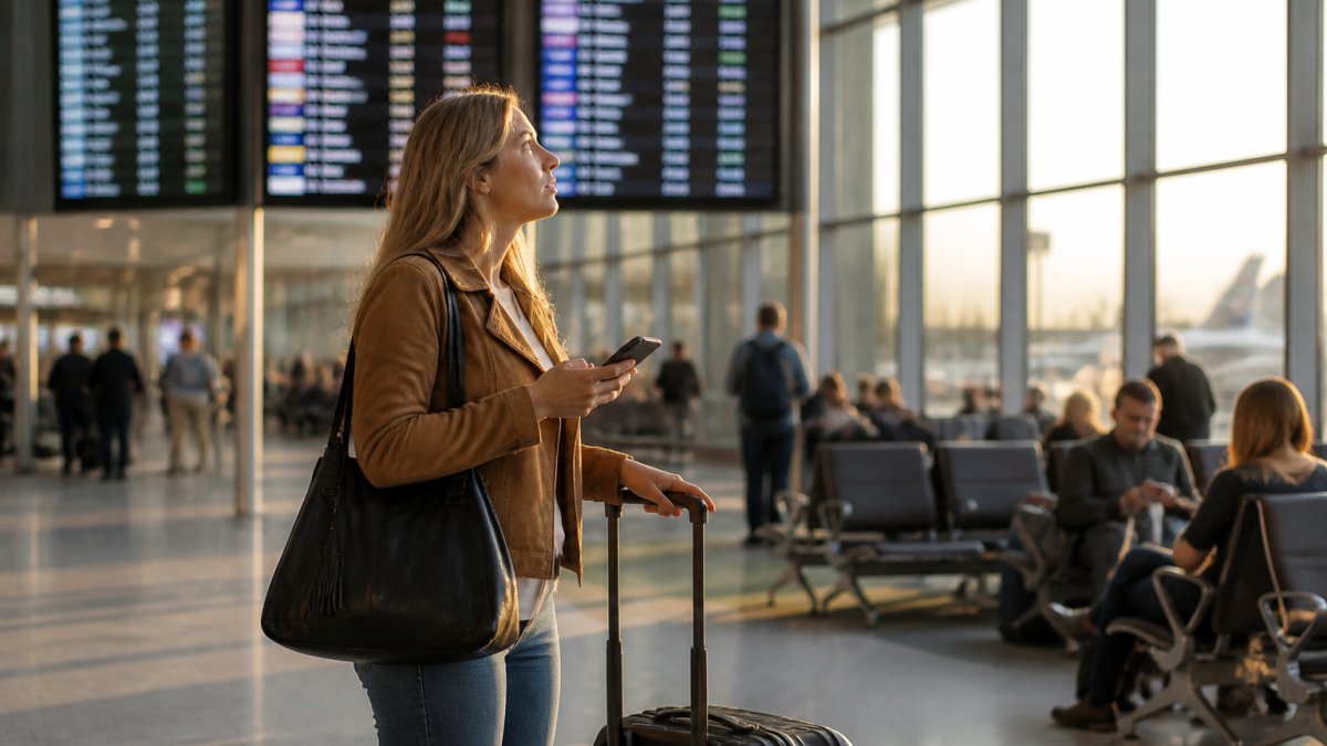 A traveller in a bright airport departure lounge checking a flight status board and smartphone, carry-on luggage beside them, other passengers waiting in the background