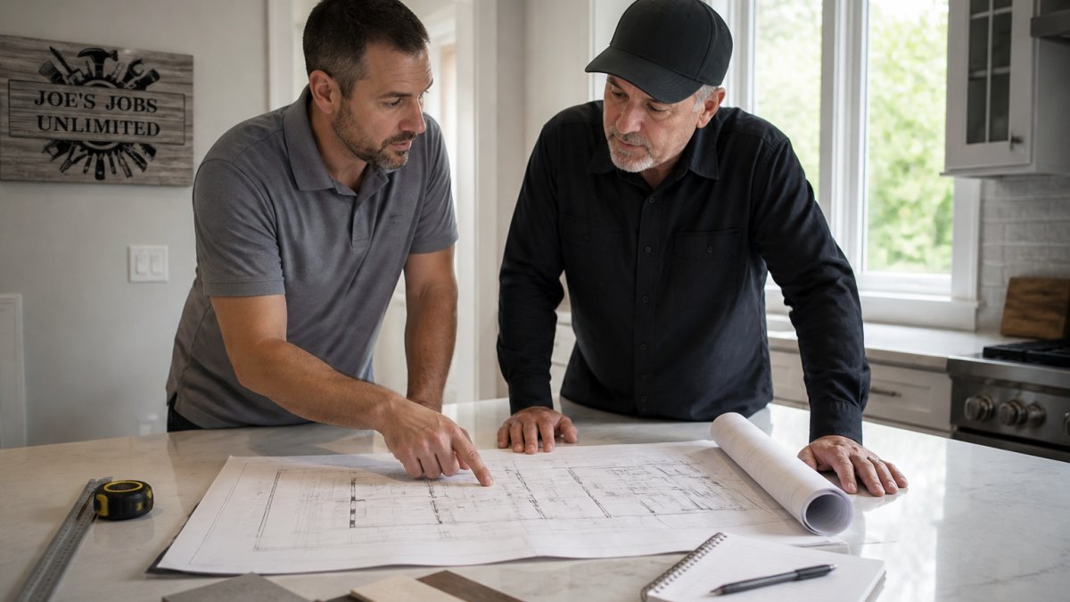Homeowner and contractor reviewing architectural plans and project details together at a kitchen counter with natural light from windows