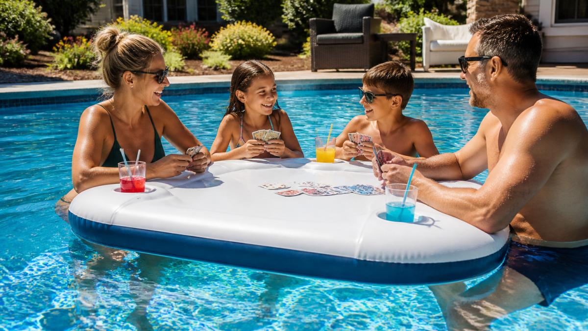 A family of four relaxing around a floating pool bar in a backyard swimming pool on a sunny afternoon, with colorful drinks in cup holders and game cards spread across the surface, bright sunlight reflecting off the water
