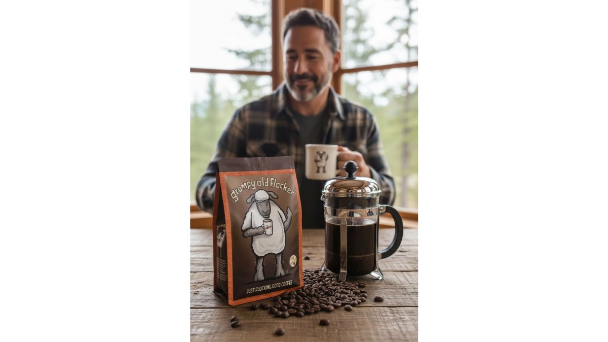A close-up photograph of a 250g bag of Grumpy Old Flocker coffee beans beside a freshly brewed cup in a humorous Flockers mug, with a cafetiere on a wooden kitchen counter in soft morning light