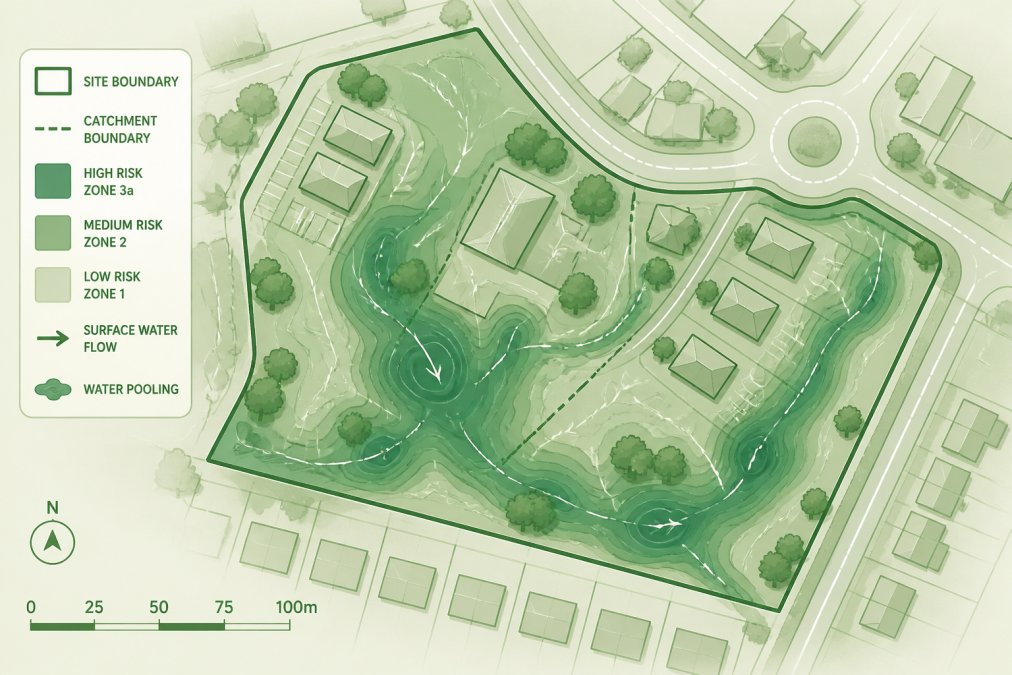 Overhead view of a development site during heavy rainfall, showing water pooling across the landscape and drainage patterns visible through the terrain, with surrounding buildings and infrastructure visible