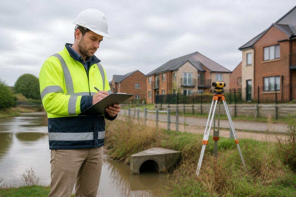 Professional surveyor or engineer on site with clipboard and measuring equipment, conducting a detailed site assessment with buildings and drainage infrastructure visible in the background under natural daylight