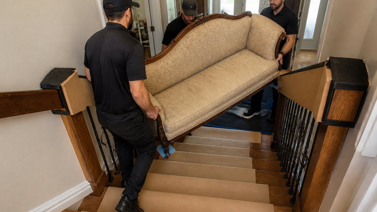 Professional crew carefully moving a large antique sofa down a staircase with protective cardboard and kraft paper covering the hardwood steps, protective corner guards on railings, and padding visible under furniture legs