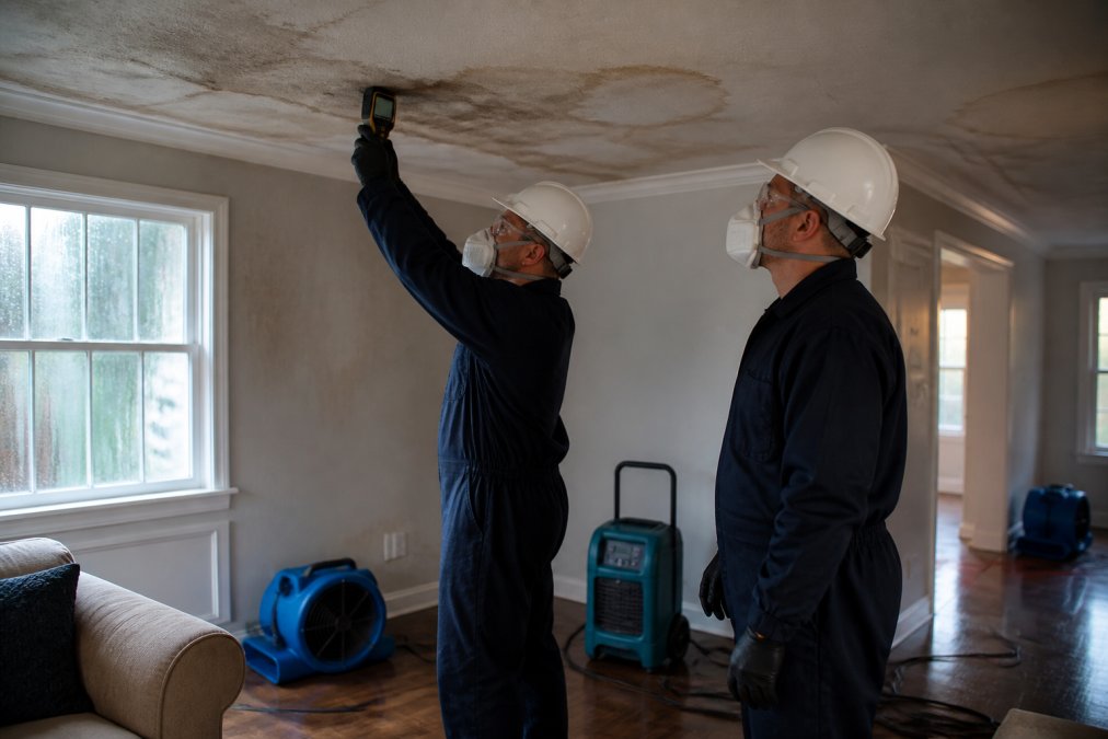 Technicians using moisture meters on a stained ceiling during floor to ceiling restoration work.
