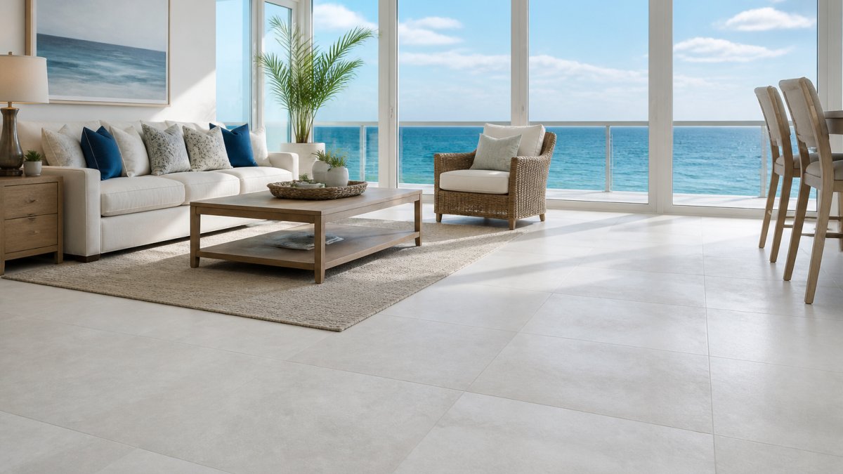 Bright coastal living room featuring porcelain tile flooring for humid coastal homes with an ocean view.