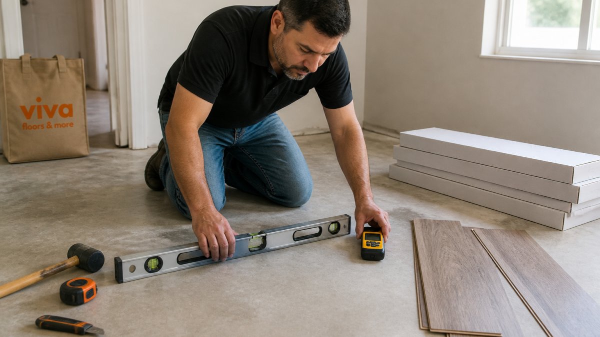 Homeowner checking concrete subfloor with a level and moisture meter during flooring installation