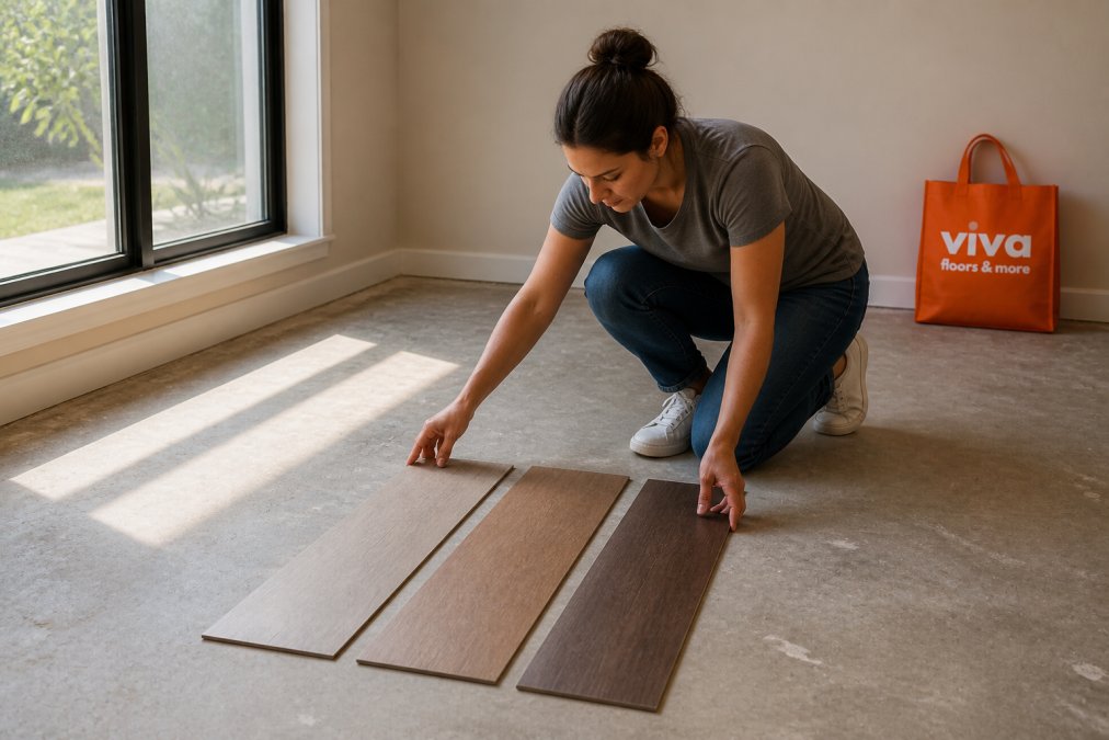 A homeowner kneeling on a bare concrete subfloor, placing three flooring sample planks side by side near a large window in an empty room, afternoon sunlight falling across the samples