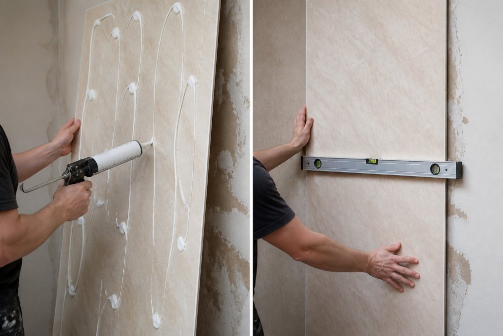 Close-up of hands applying white adhesive to the back of a PVC bathroom wall panel before pressing it against a prepared plaster wall, with a spirit level visible on the surface