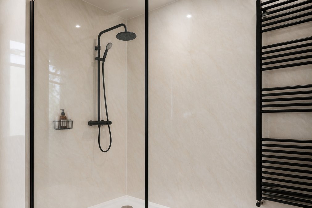 Installed bathroom shower enclosure with gleaming waterproof PVC wall panels displaying seamless grout-free joints and moisture-resistant finish, natural bathroom lighting highlighting the seamless installation