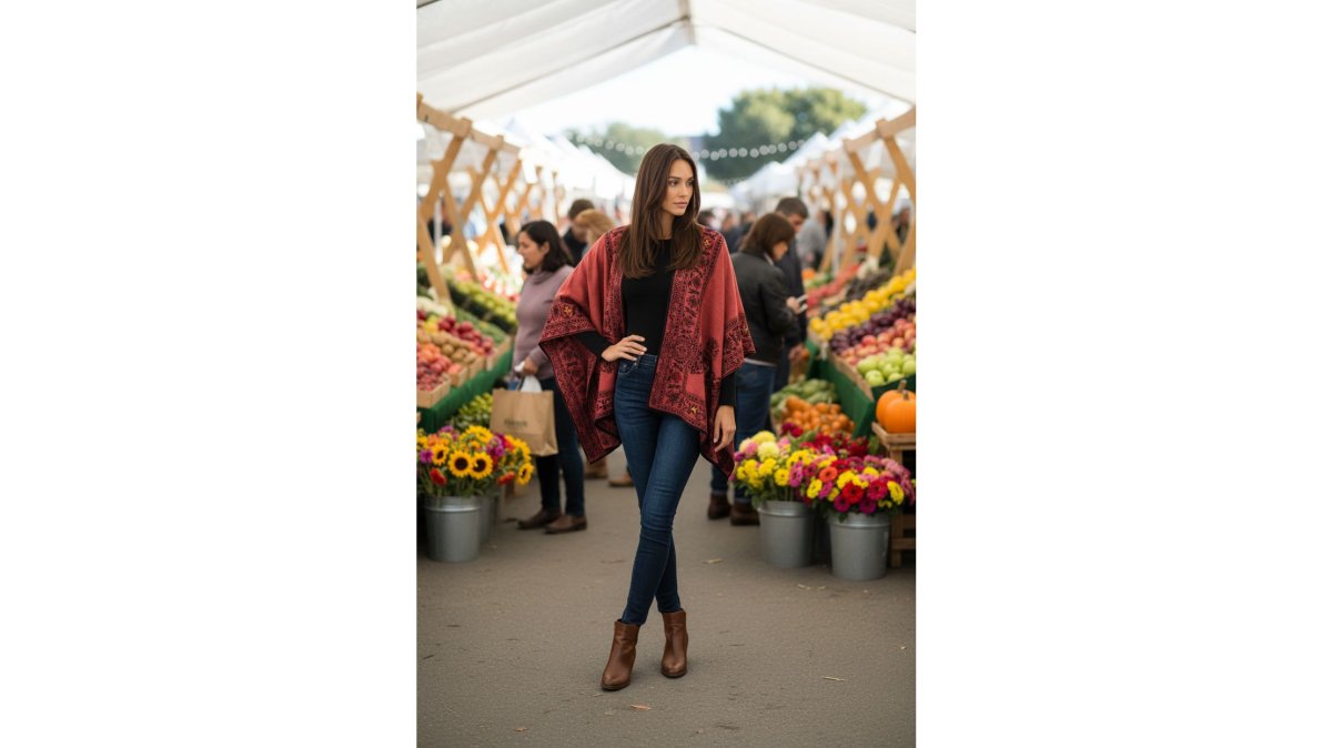 Floral Reversible Hand Made Embroidery Alpaca Ruana