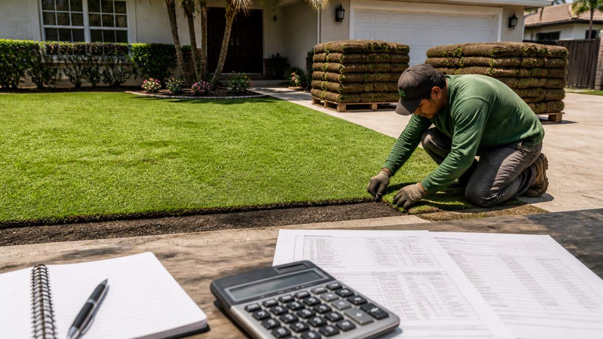 A freshly laid Floratam sod lawn in front of a single-story North Miami home, visible pallets of sod rolls on the driveway, a landscaper in work clothes kneeling to adjust an edge piece