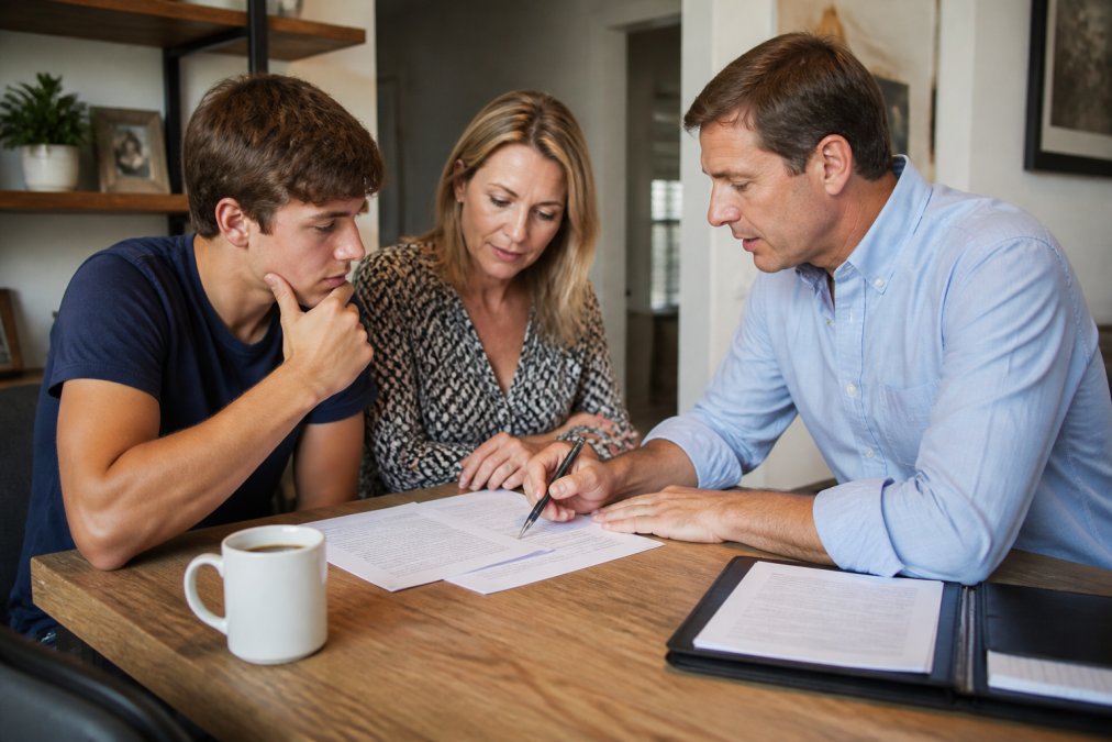 Insurance agent or family member reviewing policy documents and discussing coverage options at a desk with laptop and coffee
