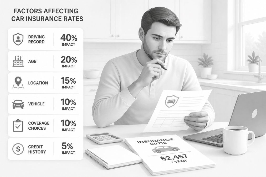 Person reviewing their auto insurance documents and rate quote at a kitchen table with a laptop, holding a pen and looking thoughtful