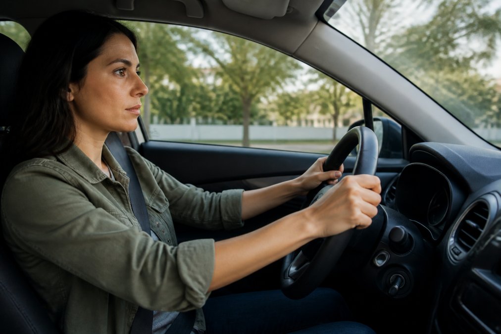 A driver sitting in a modern vehicle, hands on steering wheel, focused on the road with clear visibility and safety in mind