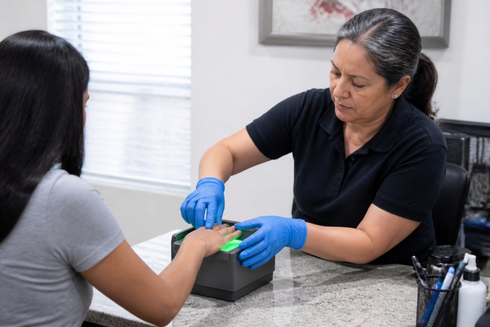 Professional technician positioning client's fingers on a live scan digital fingerprint scanner at a modern service counter with proper lighting and ergonomic setup