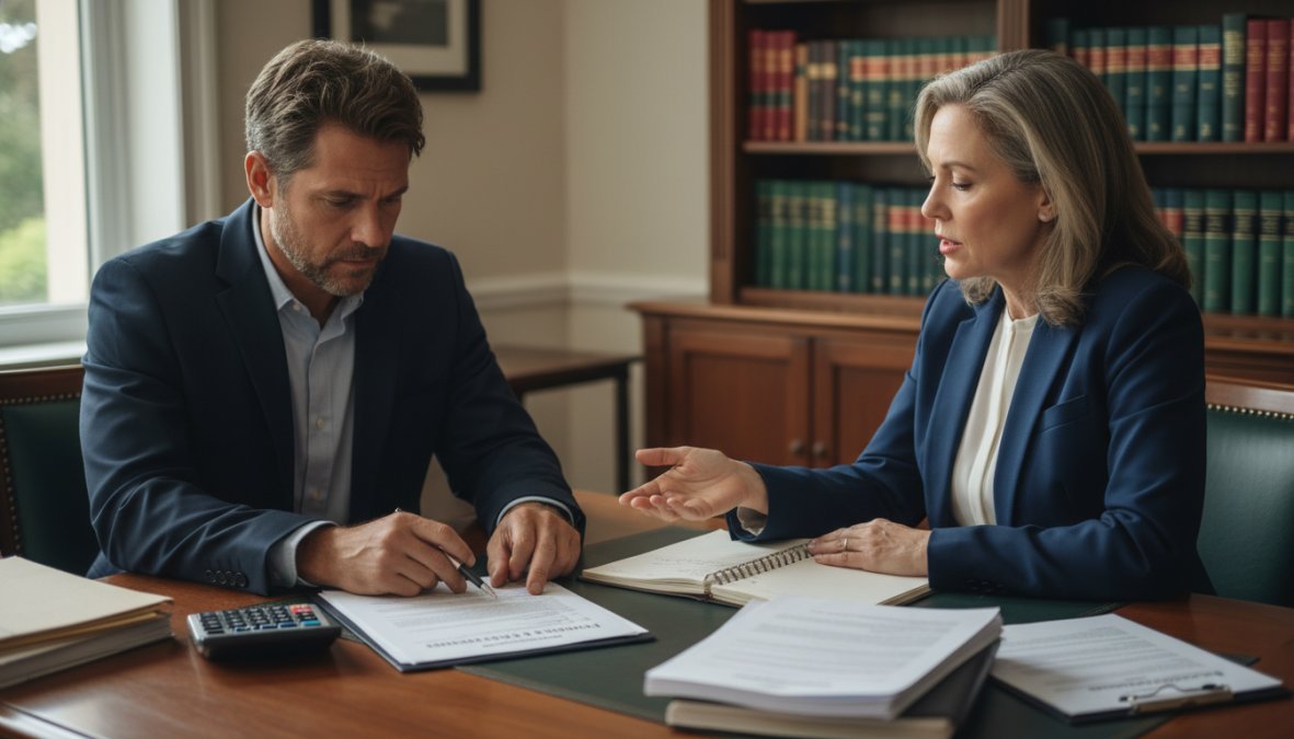 A small business owner sitting across a desk from an attorney reviewing legal documents and a printed fee schedule in a professional law office, warm overhead lighting, focused expressions