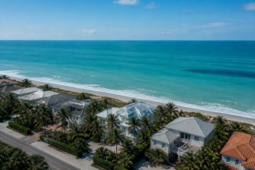 Aerial view of a row of coastal homes on a barrier island with turquoise ocean waves visible just beyond the property line, showing the physical proximity of beachfront real estate to open water on a clear day