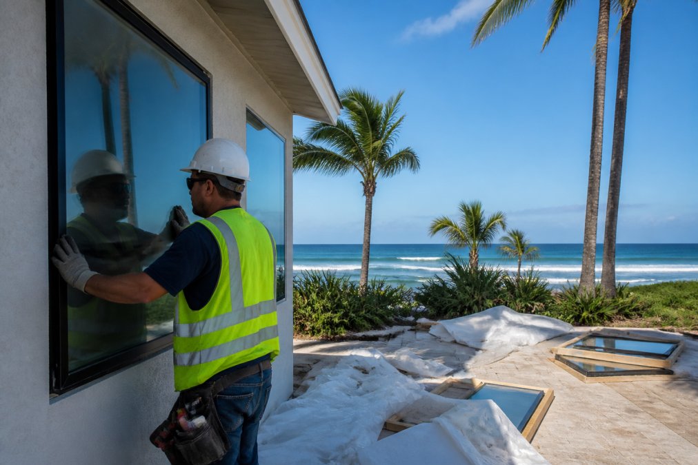 A contractor in a hard hat and safety vest installing impact-resistant window panels on a coastal home, with protective packaging material visible on the ground and a clear view of the ocean in the background under bright afternoon sunlight