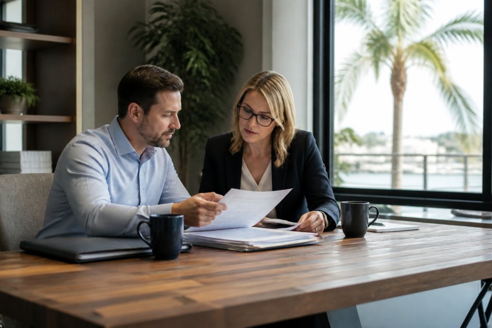 A small business owner and an insurance agent reviewing commercial property documents at a desk in a sunlit Florida office, with a laptop and coffee mugs nearby