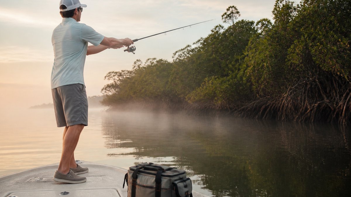 An angler in a short sleeve performance fishing shirt casting from the bow of a skiff toward a mangrove shoreline at first light, with humid haze over the water and a tackle bag on the deck
