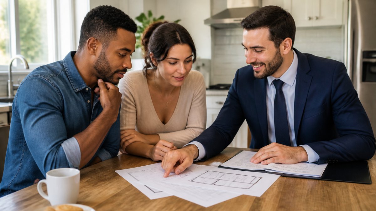 International couple reviewing property documents and floor plans at a kitchen table with a real estate agent pointing to details and smiling