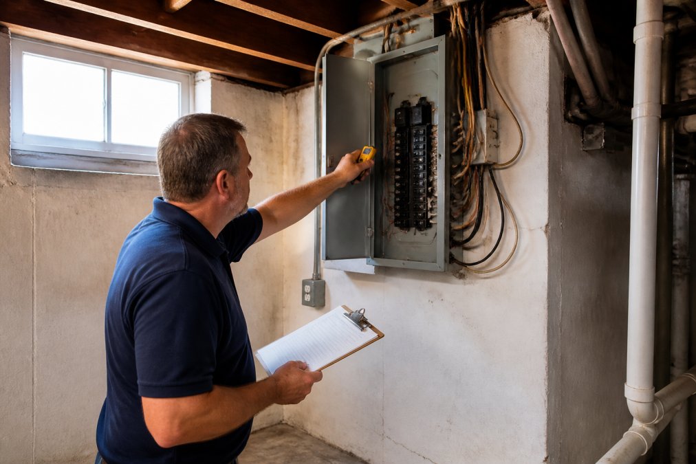 Professional home inspector examining electrical panel and wiring in older home basement, holding clipboard and testing equipment, natural basement lighting